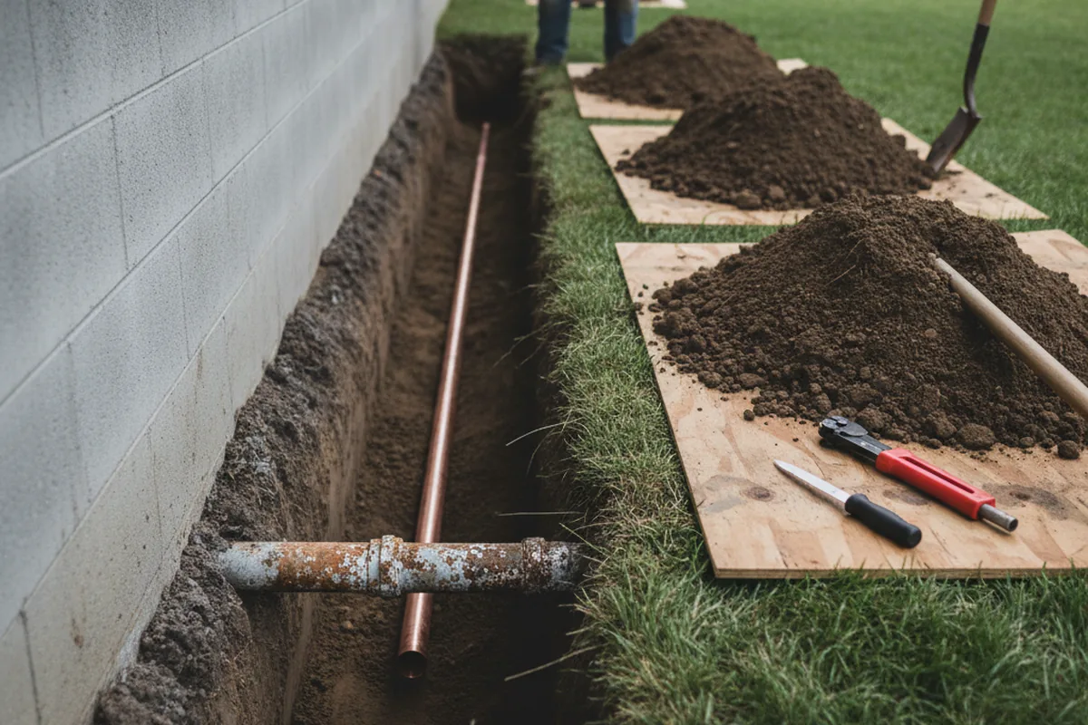 Excavated water line trench during Water Softener Installation in Pollock